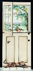 Painted to look like a dutch door overlooking a vineyard with a cat lying at the bottom