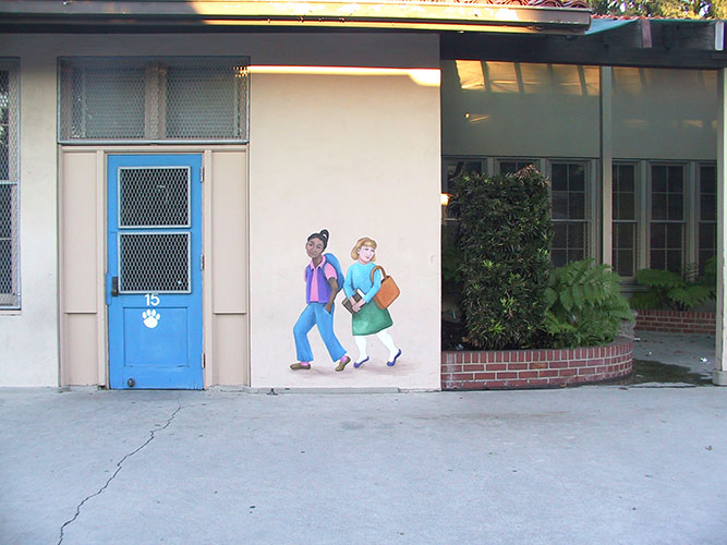 Girls walking in courtyard painting