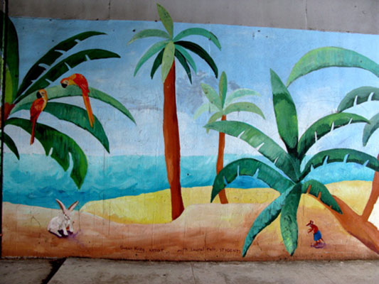 Detail of tropical scene on You Are Here mural